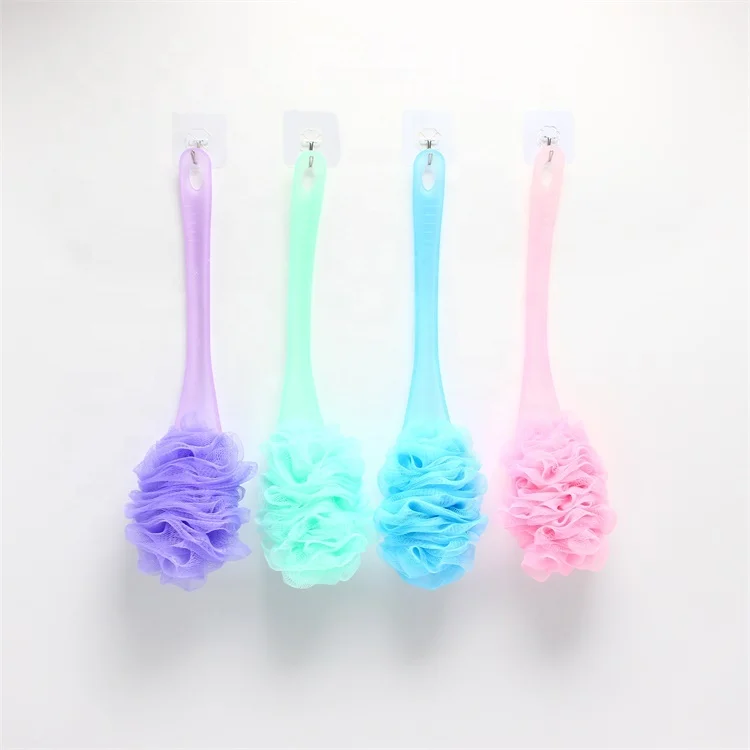 Plastic long handle shower ball massage body bath sponge shower loofahs customized mesh pouf bath sponge