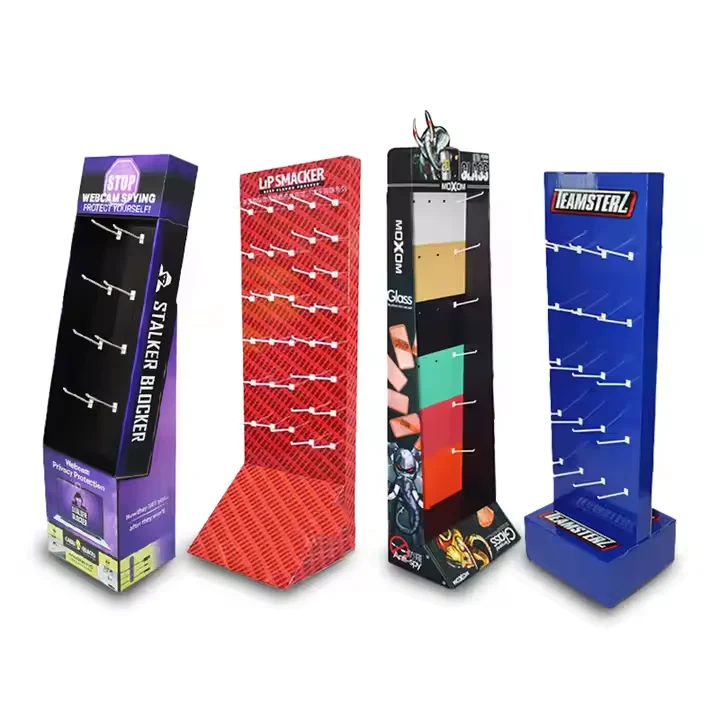 Custom Corrugated Cardboard Cell Phone Case Data Line Cable Display Floor Stand Rack With Hooks