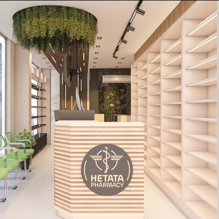 Custom Nature Style Wooden Medical Shelves Store Interior Display Racks Pharmacy Shop Counter Design for Pharmacy Furniture