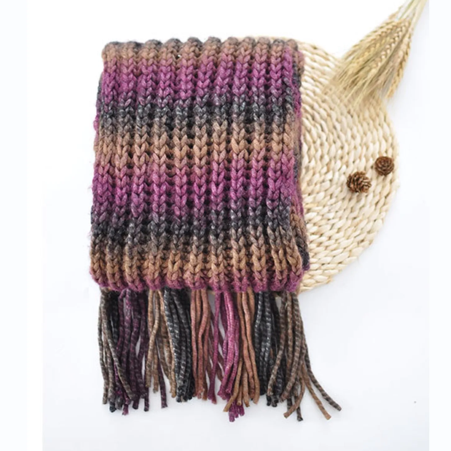 Вязаный Галстук окрашивающий шарф для женщин на заказ теплый узор толстый мульти снуд зимние полосатые шарфы с кисточками