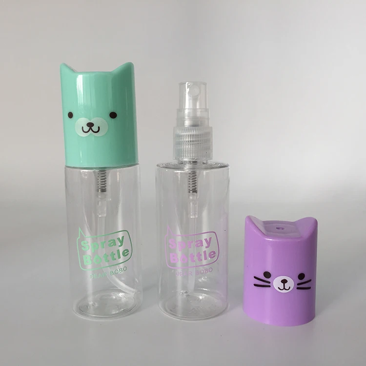 Cute 35ml clear round cylinder spray bottles with cartoon cat pig dog face printing lids travel perfume bottles for children