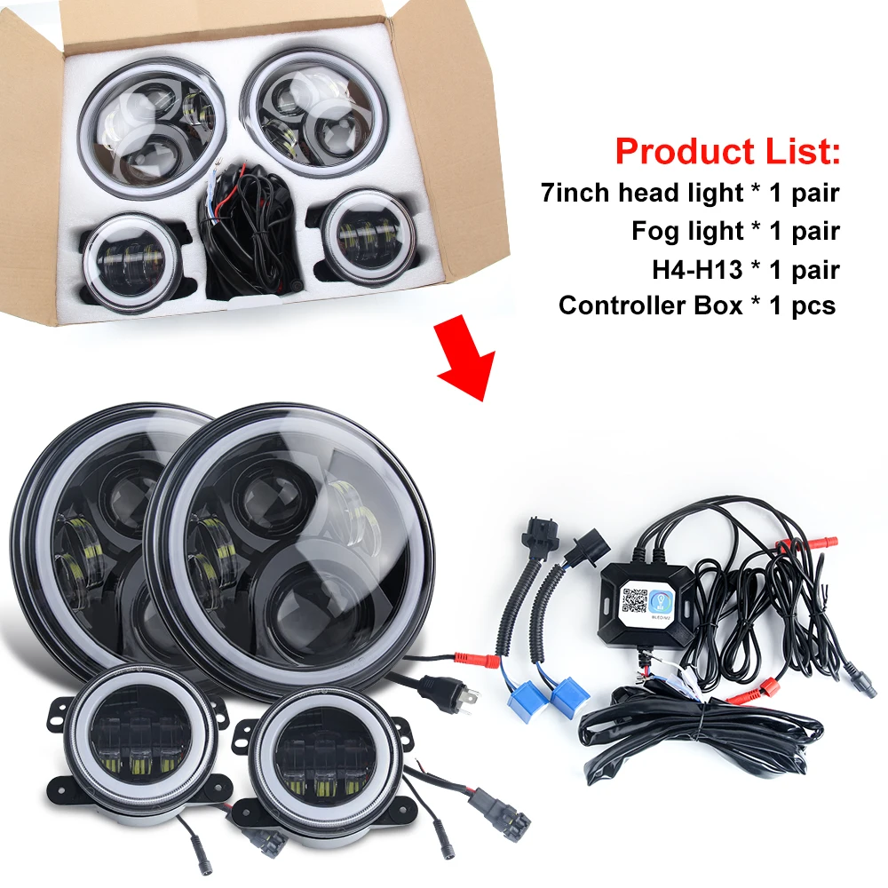 
App Control Chasing Color 4 Inch 4x4 Off Road Angel Eye Fog Light, Halo Ring Chasing 7 Inch Round RGB Led Headlight for JK JL TJ 