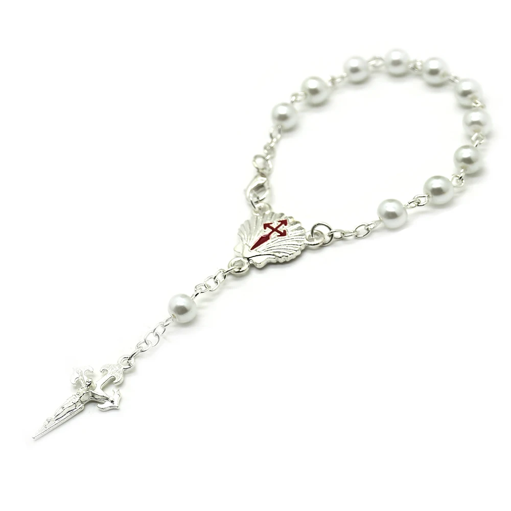 Glass Pearl Beads Shell Cross Rose Rosary Bracelet Religious Catholicism Gift Prayer Car Rosaries