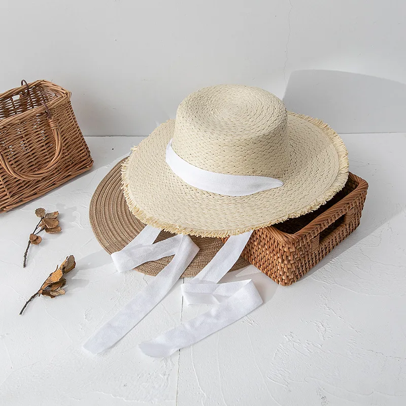 
Wholesale round summer sun ribbon panama hat lady boater nature raffia Beach hat Flat top real Straw 