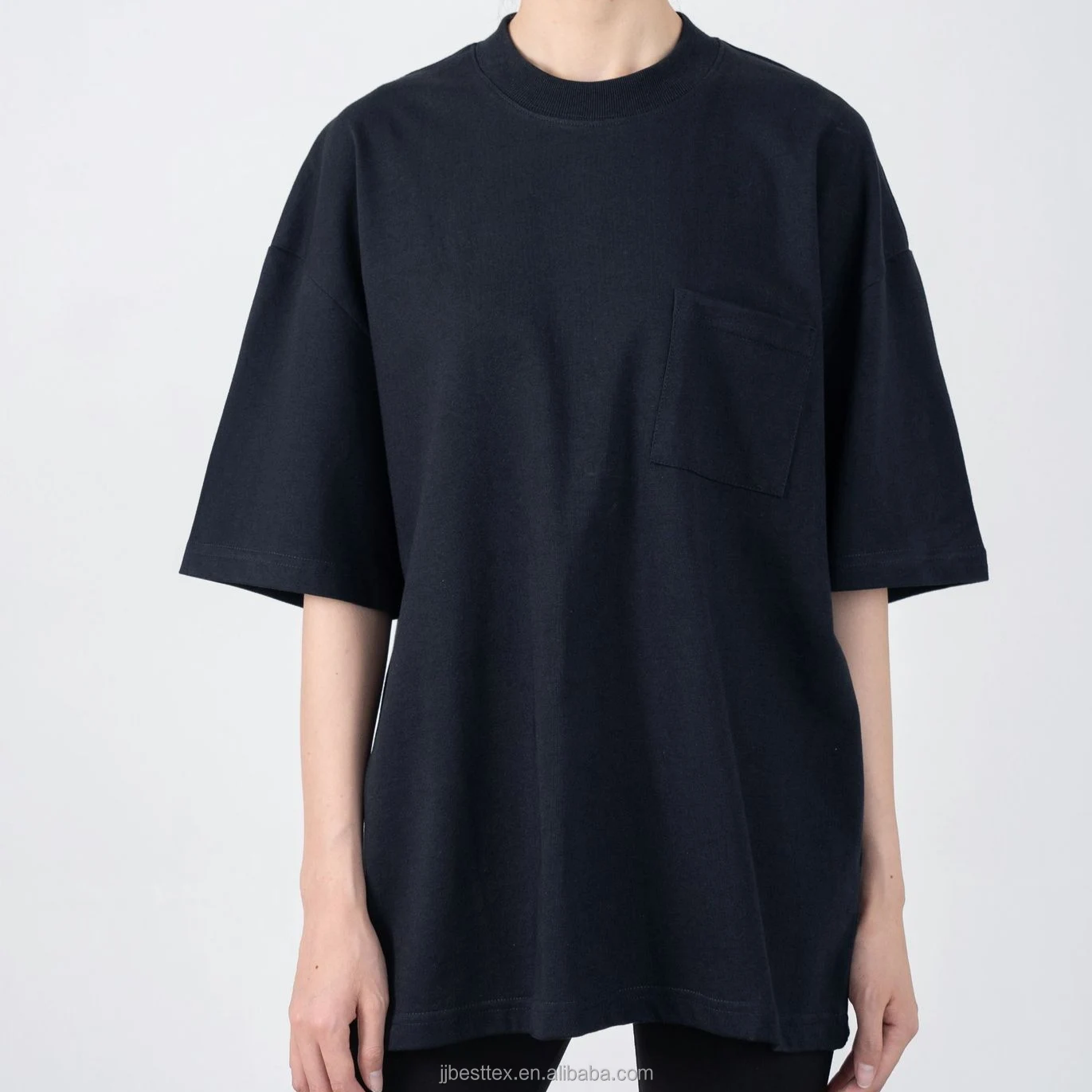 100%cotton Front pocket  oversize tshirt unisex  high collar fashion street wear round neck men t-shirt