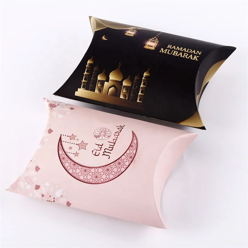 Custom logo printed ramadan kareem pillow shape paper box EID mubarak door gift candy boxes