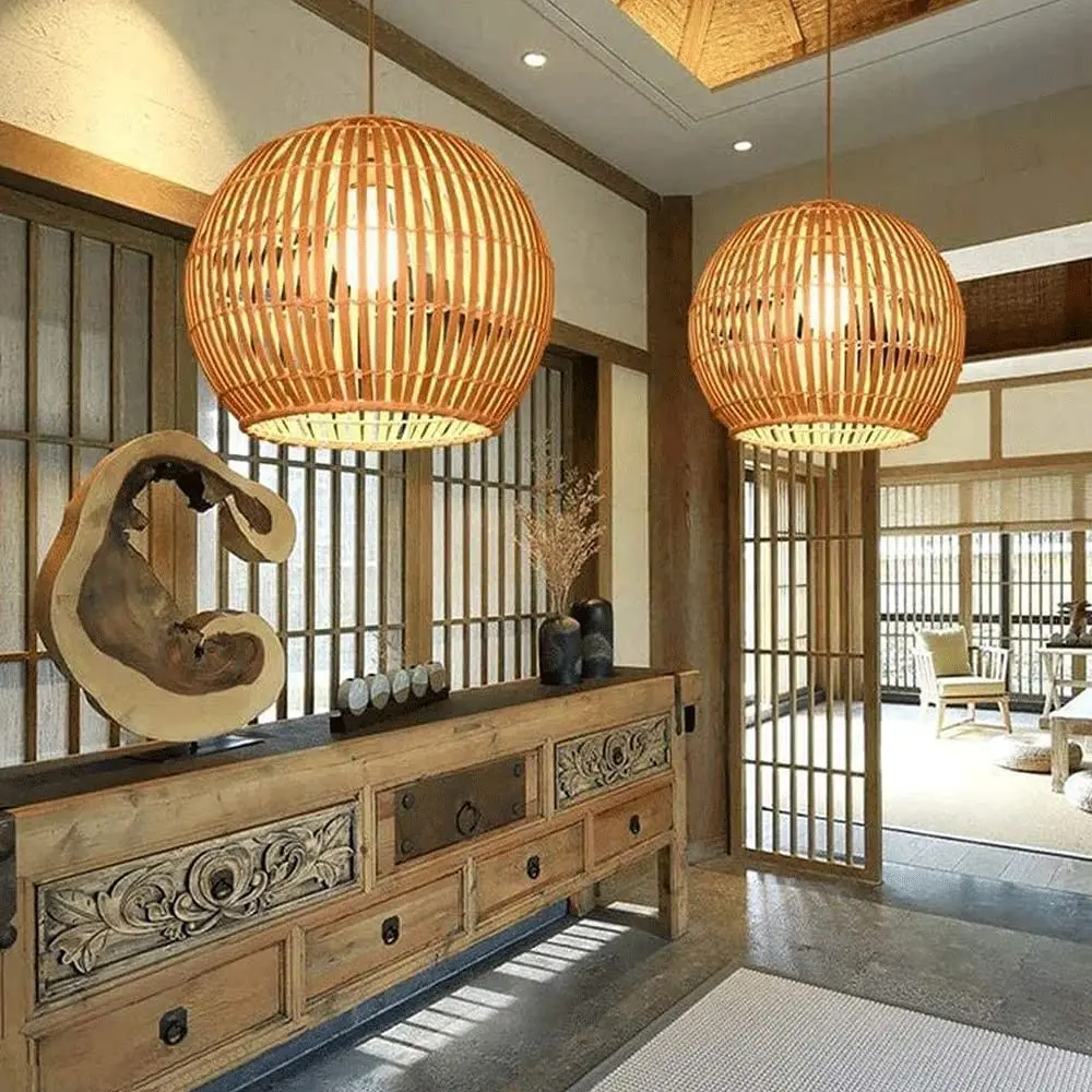 Crayom Round Bamboo Woven Chandelier Wooden Rattan Wicker Lampshade E27 Lamp Holder Adjustable Lamps