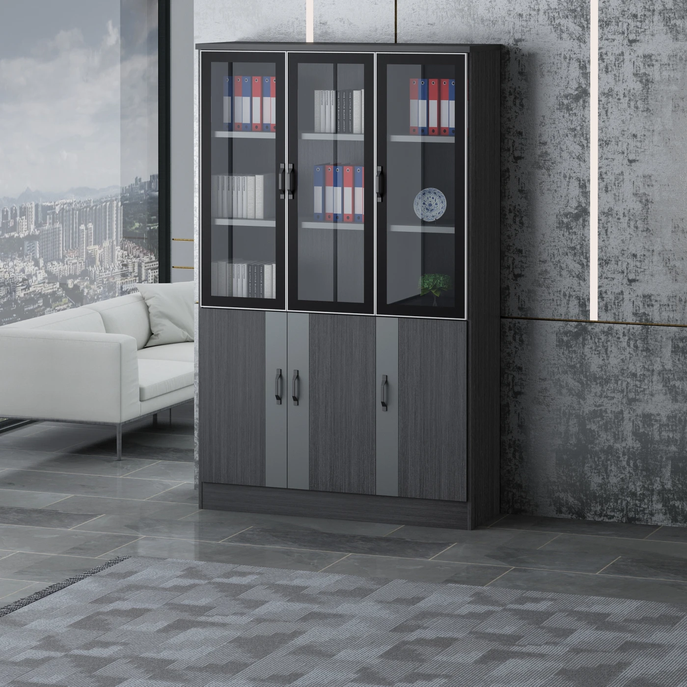 New wooden 3 doors bookcase modern high quality file cabinet with glass