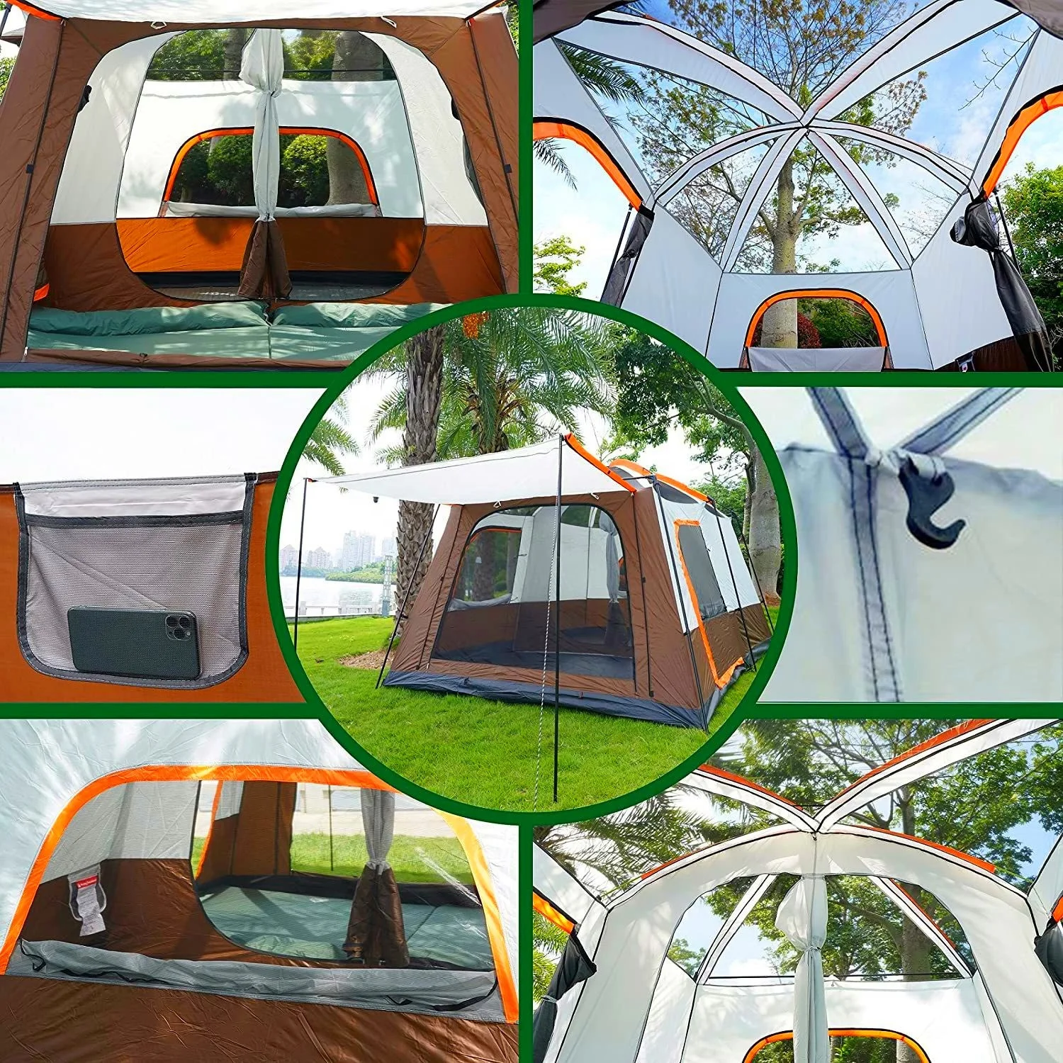 Outdoor Rainproof Glamping Cabin Tent 8-12 Person Large Space Family Camping Double Layers 2 Rooms 1 Living Room Camping Tent