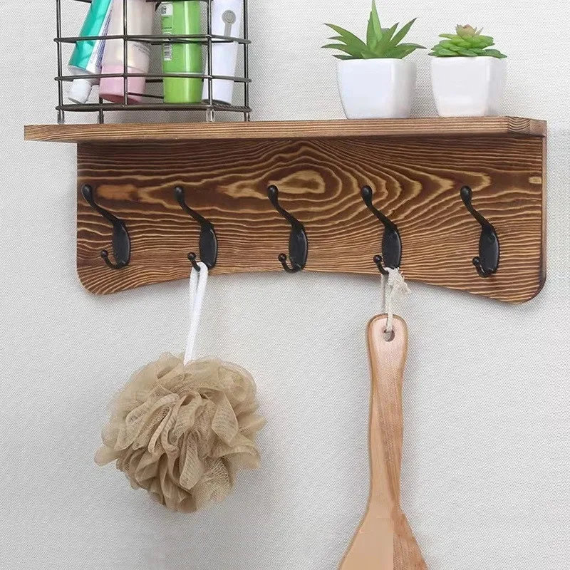 Vintage Wood Wall Shelf with Hooks for Entryway Wall Coat Rack for Hanging Coat Jacket Backpack Wall Mounted with Upper Shelf
