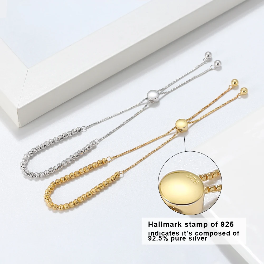 RINNTIN SB125 Handmade 925 Sterling Silver Diamond-Cut Adjustable Bolo 3mm Bead Bracelet for Women Beaded Ball Chain Bracelet