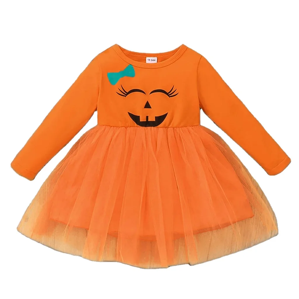 Festival Toddler Dress Infant Kids Child Girls Halloween Long Sleeve Pumpkins Print Party Tulle
