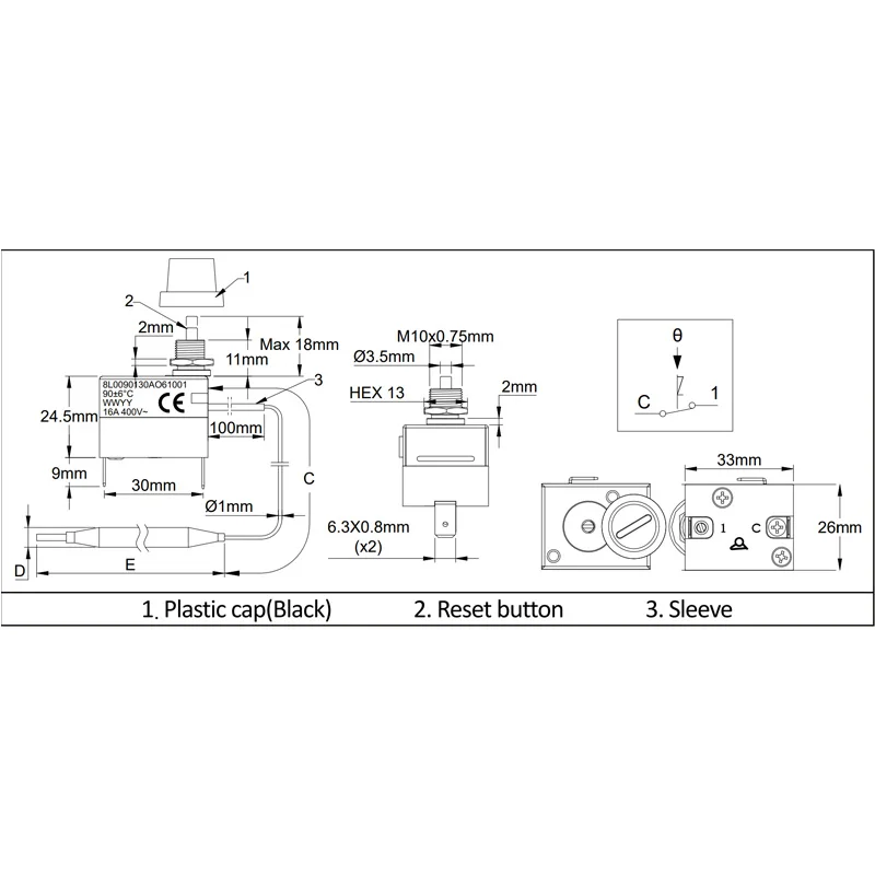 thermostat French technology 16A 230℃ Manual reset, failsafe, small temperature limiter, temperature protection 8L thermostat