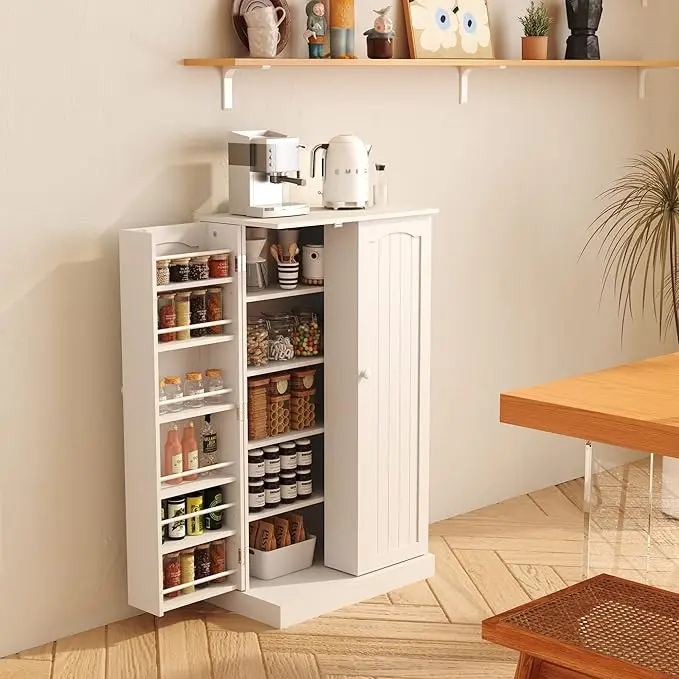 White Freestanding Buffet Cupboards Sideboard with 12 Door Rack 2 Doors 5-Tier Adjustable Shelves Kitchen Pantry Storage Cabinet