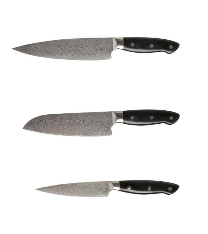 Hot Selling 3PCS  Kitchen Damascus Chef Knives Japanese Santoku  Utility Knife Damascus Steel Laser Pattern Kitchen Knife Set