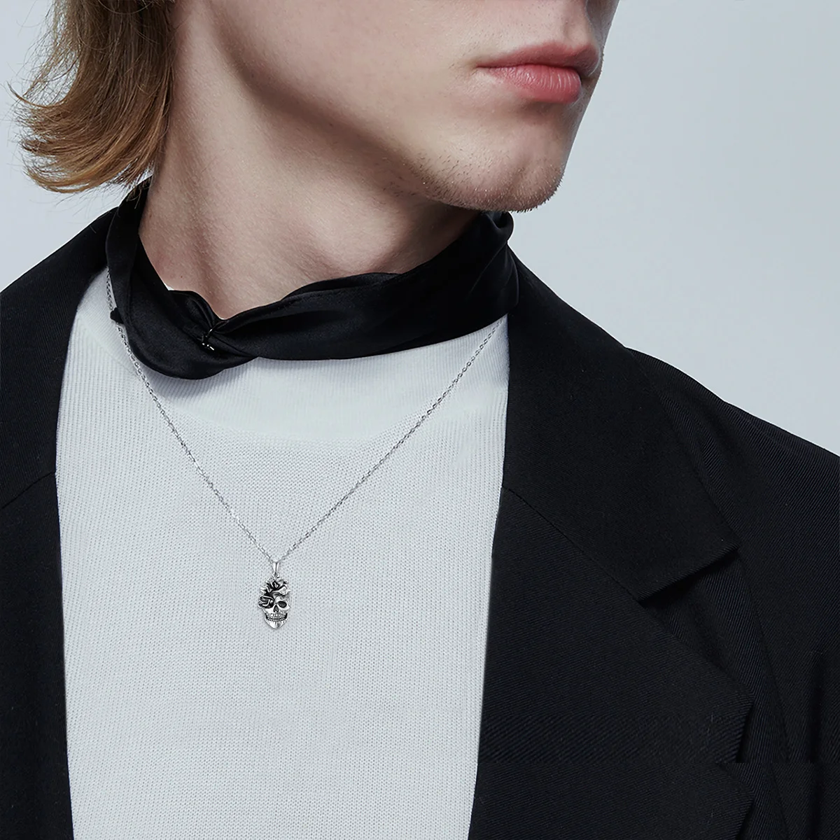 Hot Sale Gothic Jewelry For Men Women 925 Sterling Silver Oxidized Rose & Skull Pendant Necklace