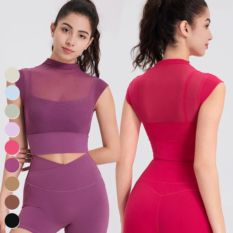 Quick Dry Running Workout T-shirt Sexy Mesh Woman Clothing Short Sleeve Fitness Shirt Yoga Crop Top For Women With Fixed Padded