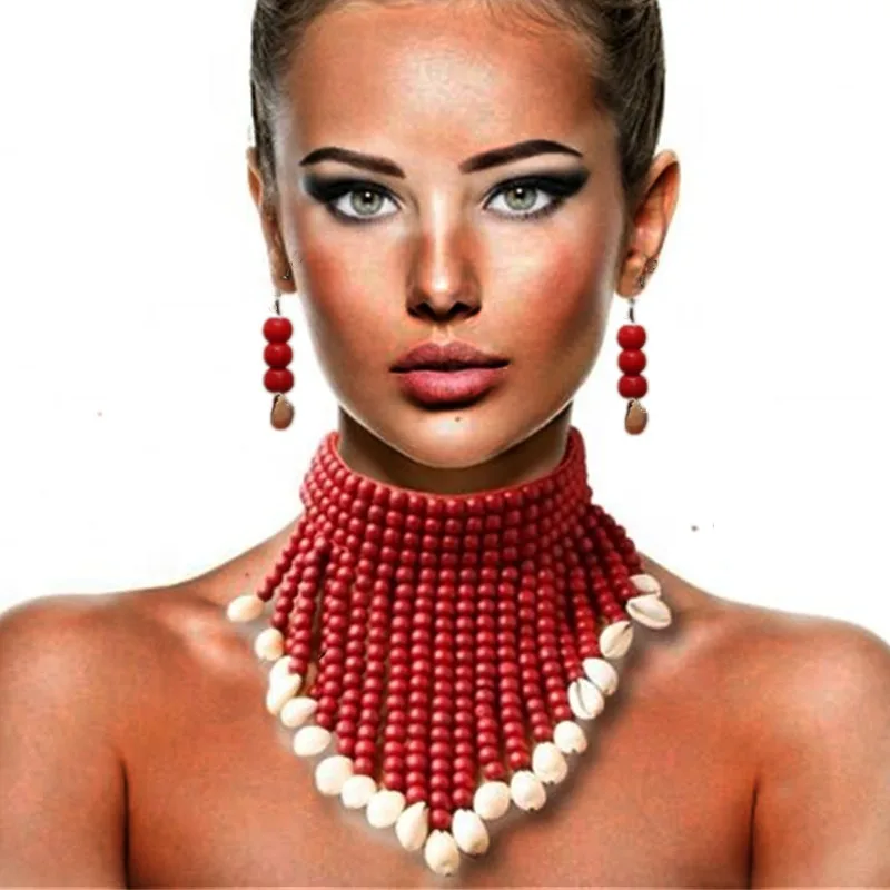 african minority style necklace wooden beaded shell jewelry choker modern fashion  shinny beaded colorful set jewelry for women