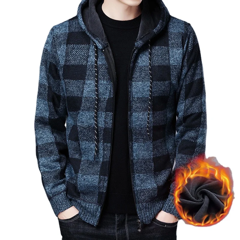 Plaid Hooded Cardigan Men Clothing Winter Knitted Cardigan Sweater Men Coats Fashion M-3XL 2022 Spring Clothing Casual Printed