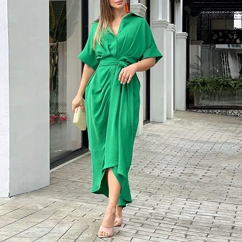Women Elegant Shirt Dress Summer Printed Button Ruched Dress Female V-neck Long Casual Dresses