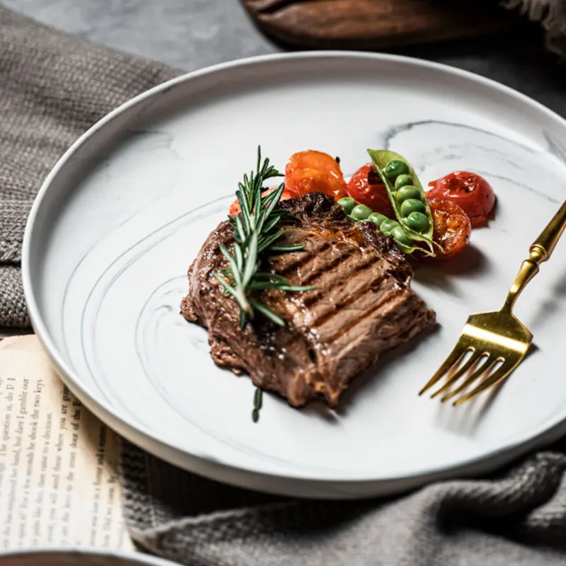 Ceramic marble round flat plates and dishes serving plato pasta plate for restaurants and bars