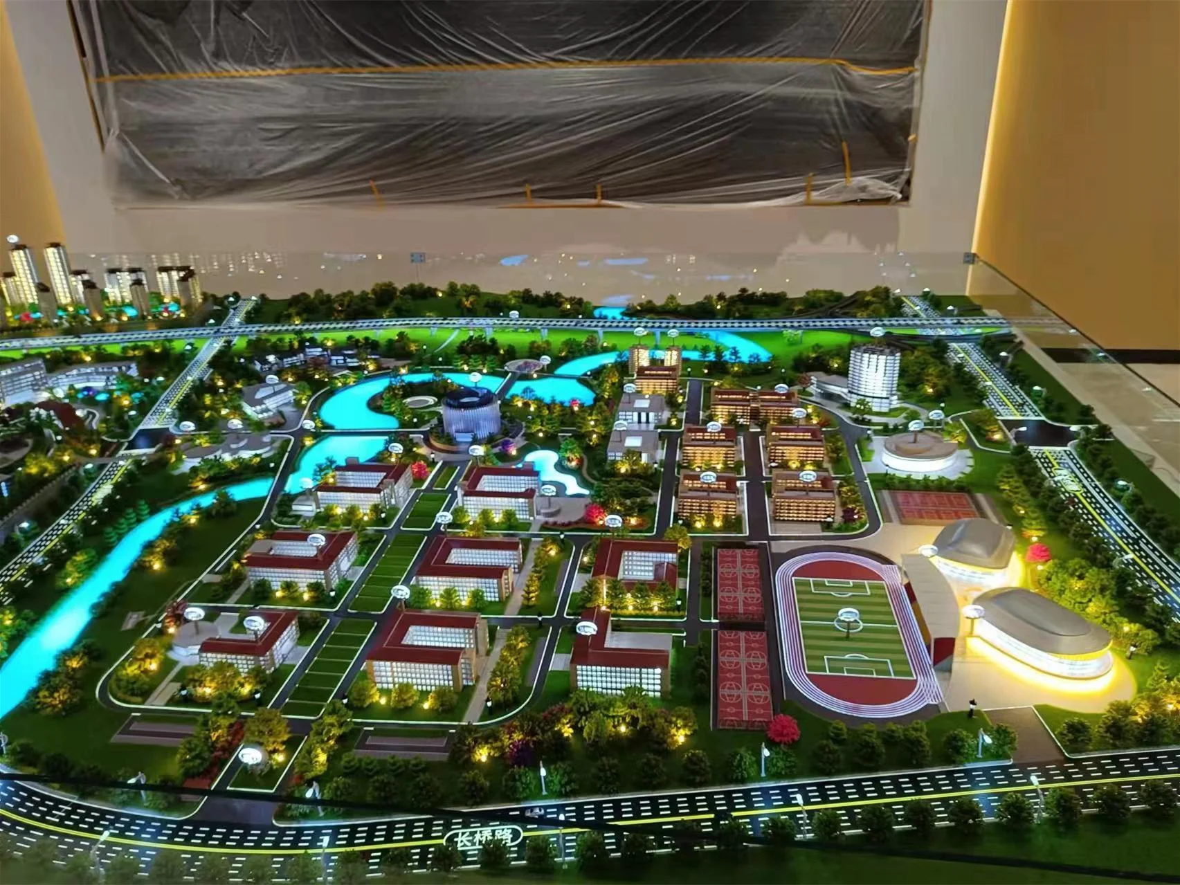 Miniature model of urban building sewage treatment, architect constructs solid model,  school, hospital building scale model