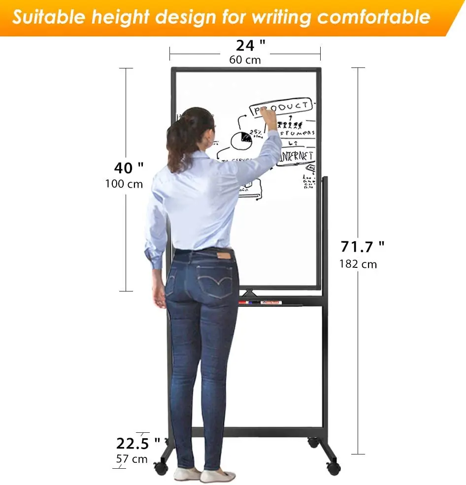 Magnetic Mobile White Board, 40 x 24 Double Sided Dry Erase Board Rolling Whiteboard Black Aluminum Frame Standing Whiteboard on