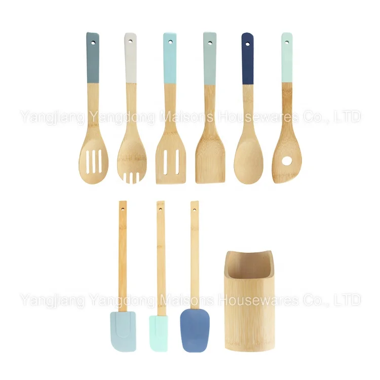 Дома кухонный инструмент 9 шт. посуда с держателем бамбуковая лопатка ложка