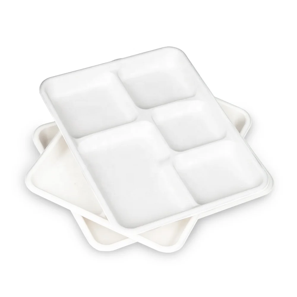 Wholesale Biodegradable Sugarcane Pulp White Rectangular Food Paper Tray Compartment Disposable Food Tray Tray For Food