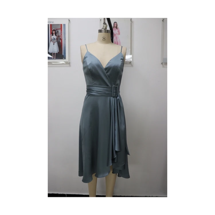 
Unique Backless Design Elegant Women Wrap Bodice Cami Strap Bridesmaid Midi Dress 