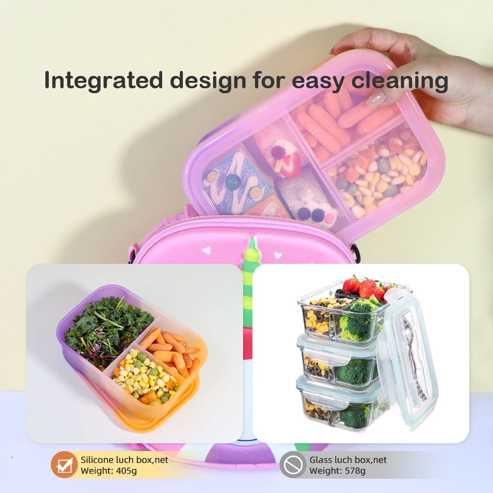 Factory Leakproof Foldable 3 Compartment Kid Snack Fruit Pack Silicone Food Storage Container Bento Lunch Box