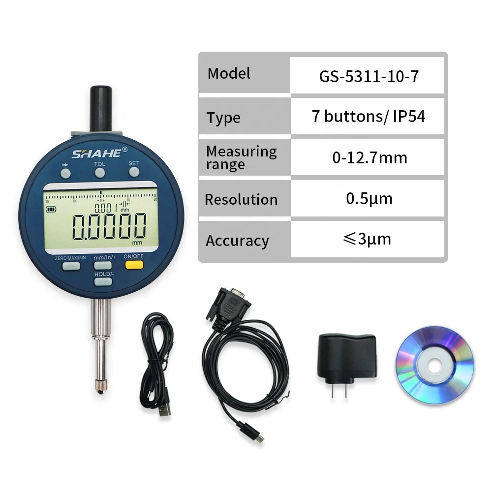 SHAHE NEW Metric/Inch 0-12.7 mm 0.0005mm Electronic Indicator with Rechargeable Battery Waterproof Digital Dial Indicator