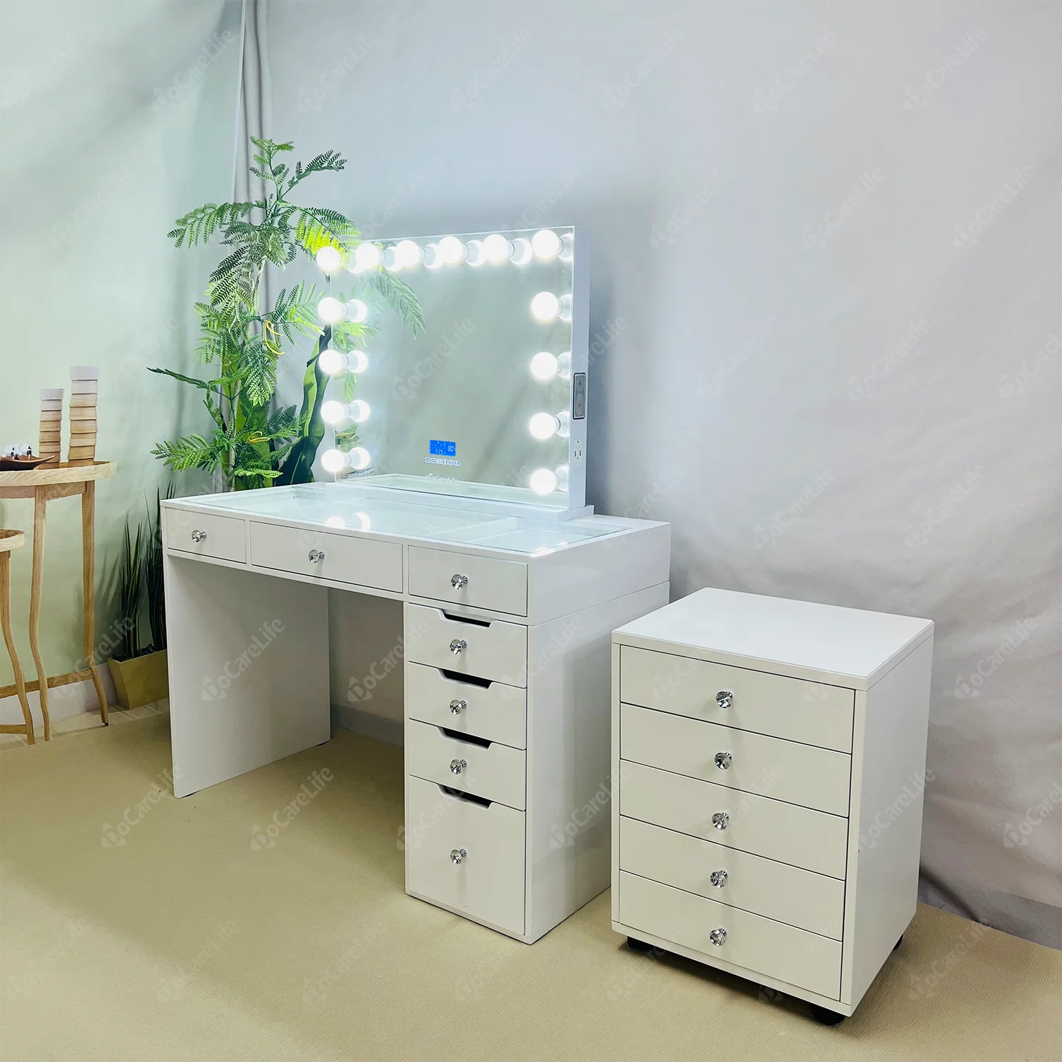 Stock on USA! Docarelife Hollywood professional MDF WOOD GLASS Makeup Table Set with Lighted Mirror