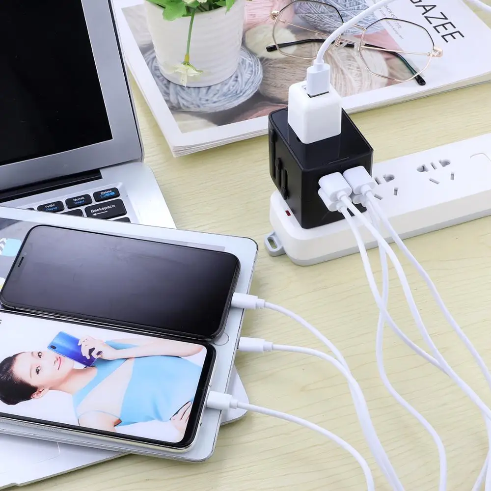 
2020 hot eu plug european schuko travel adapter ac mains universal travel adapter 4 port 