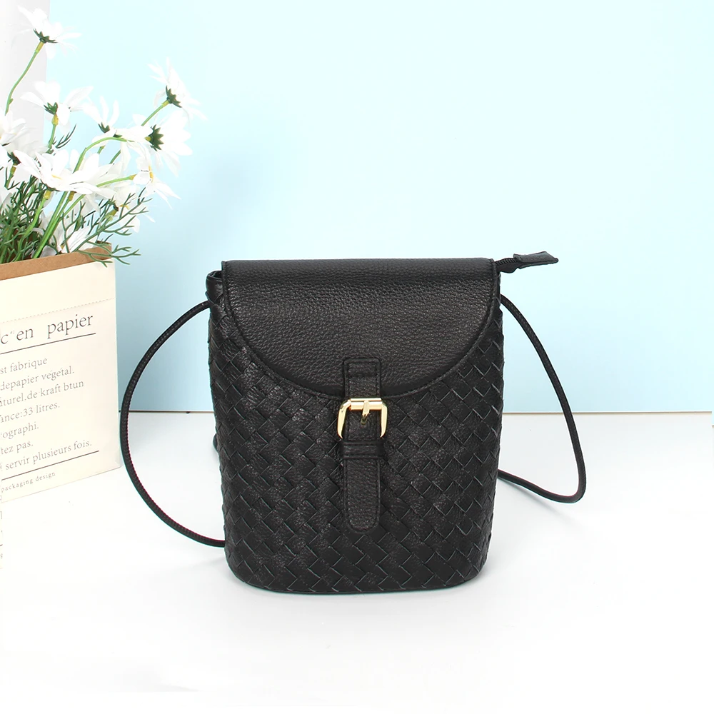 Customized ladies bag Handmade Crossover woven Shoulder Sling Bags Flip bucket bag Real Leather Cross body Purses for Women
