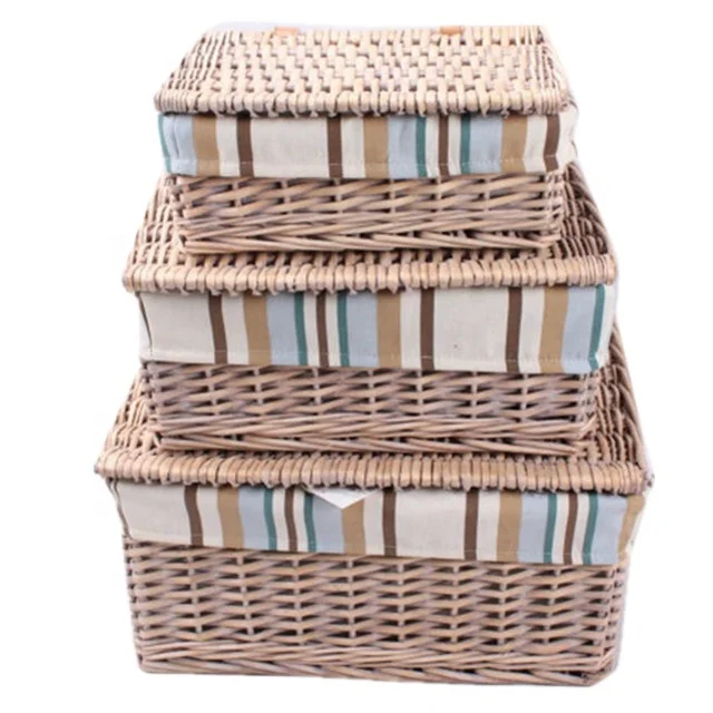 Pretty small  rectangle wicker storage box with lids for home storage wholesale basket set of 3