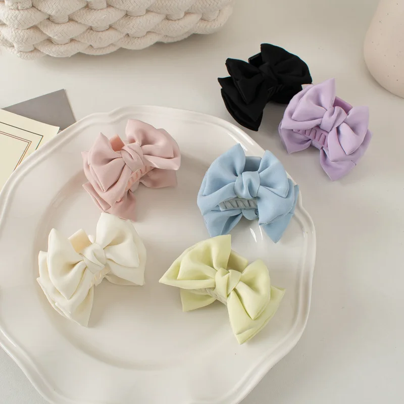 Solid Color Elegant Stylish Silk Big Bow Knot Claw Hair Clips  for Thick Long Curl Hair Women and Girls