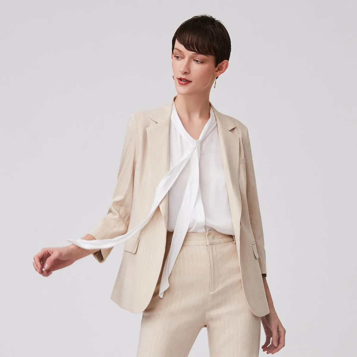 
naivee summer woman golden stripe short sleeve linen suit for business lady 