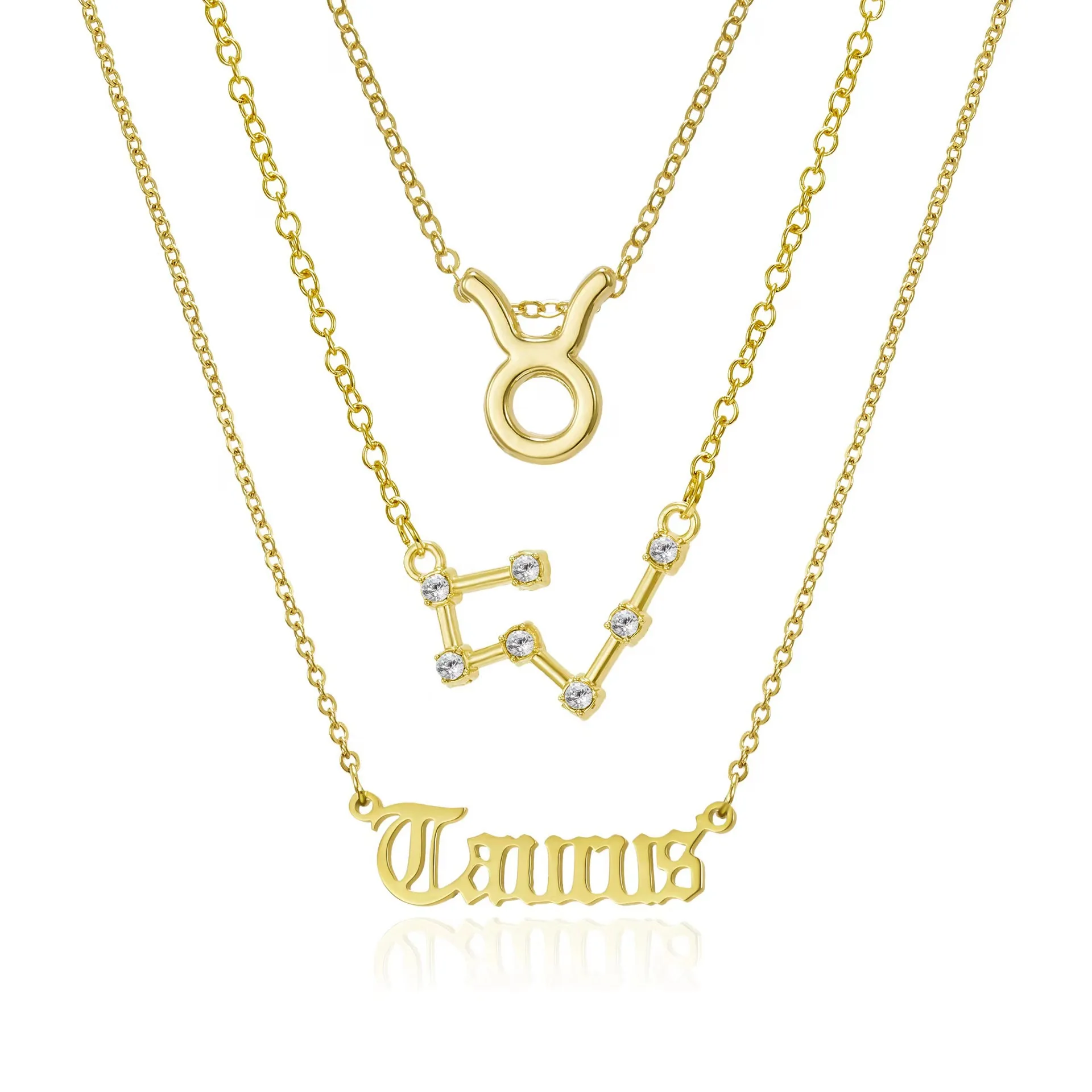 Amazon Hot sale Fashion Jewelry Gold plated 12 Zodiac Signs Retro Alphabet Symbol Three Layer Card Necklace