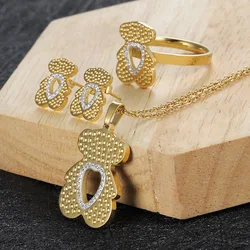 Fashionable 18K Gold Spain Bear Pendant Earrings Set With Heart Shape Rhinestones Diamonds For Women Gift Jewelry Sets