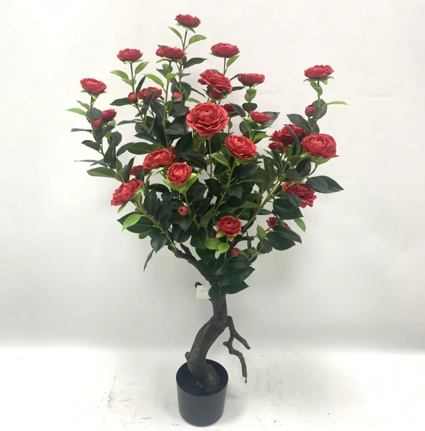Customized Plastic Bonsai Flower Camellia Green Plant Artificial Rose Tree With Pot for Home Decor