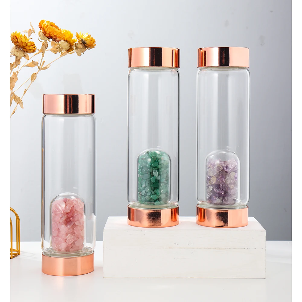 Crystal Elixir Glass Water Bottle With Healing Rose Quartz Gemstones Water Bottle For Women Promotional Gift With Logo Printing