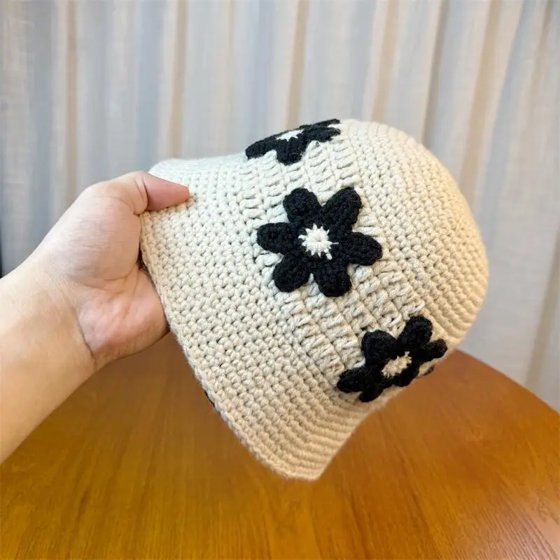 2025 New Personalized Flower Jacquard Solid Black White Red Coffee Grey Crochet Knitting Travel Sun Visor Bucket Cap Floral Hat
