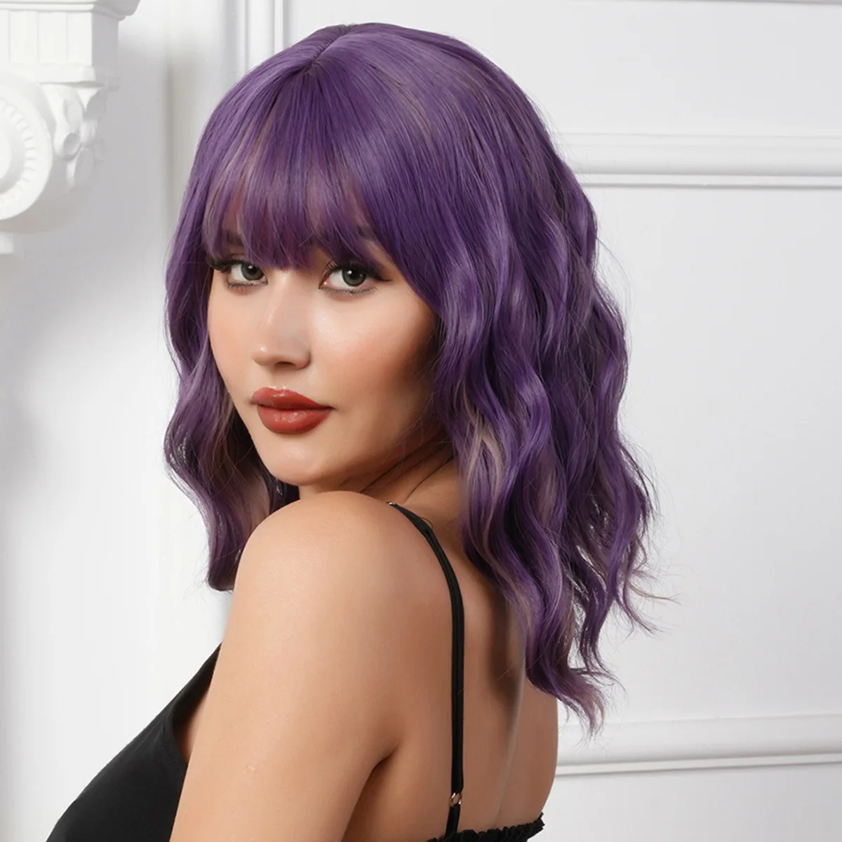 European Style Natural purple bob Curly Synthetic Lace Front short curly hair Wig