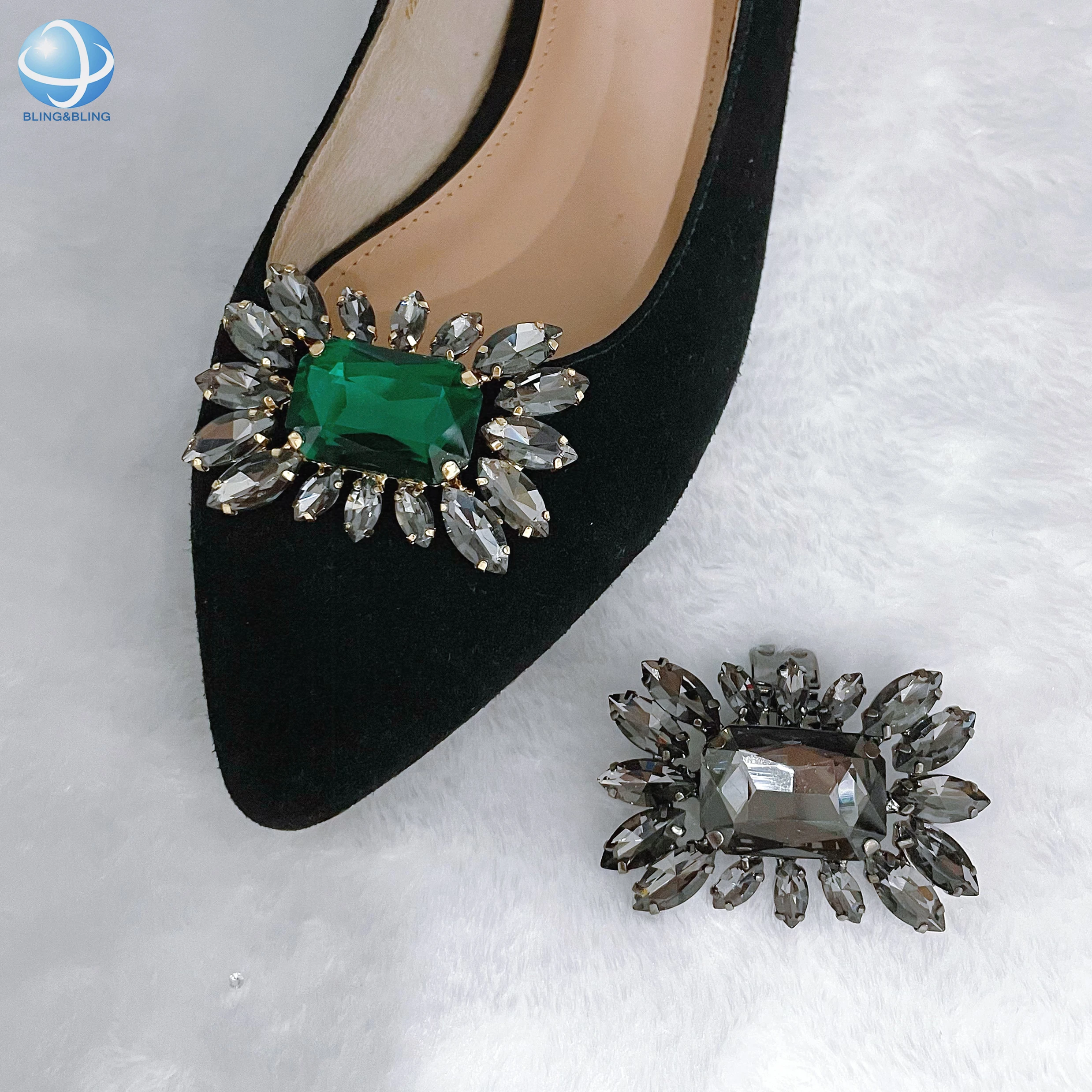 Emerald Green Gem Rectangle Removable Shoe Clips Grey Crystal Glass Shoe Buckles For High Heel Decorations