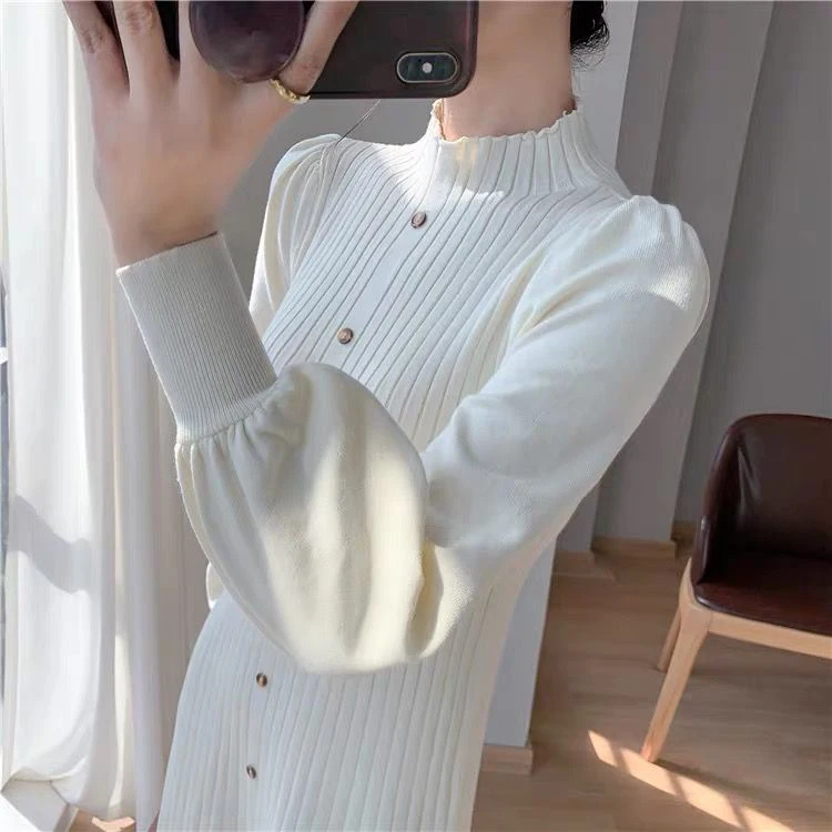 Autumn and winter mock neck mid-length knee-length jumper dress bubble sleeve inner knitted long sleeve dresses