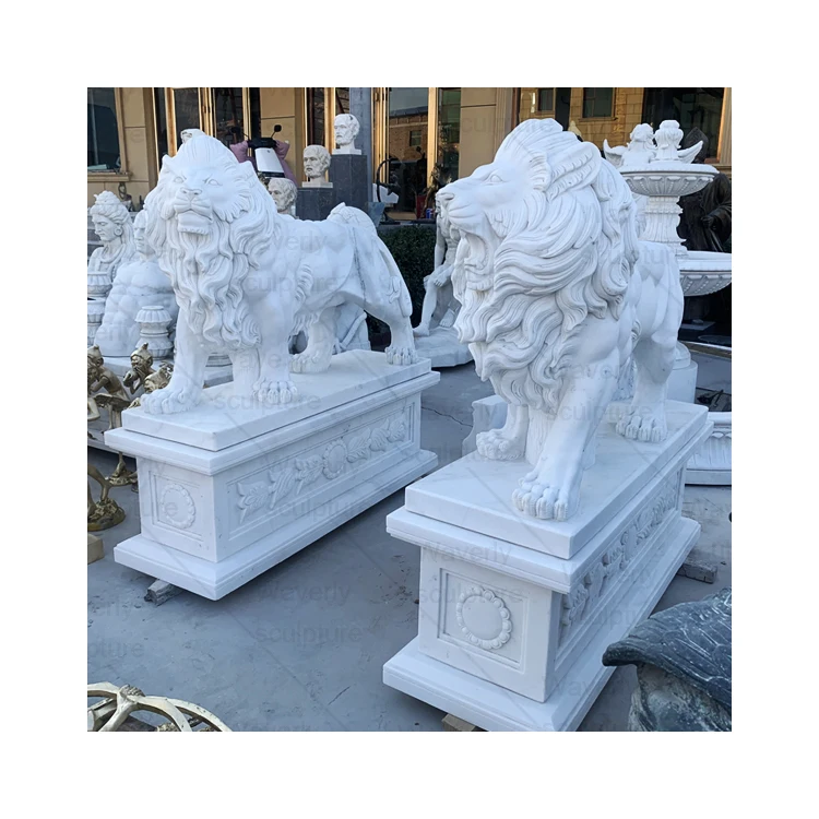 European Style Modern Outdoor Landscape Decoration Stone Lion Statue High End Custom Carved White Pair Of Marble Lion Sculpture