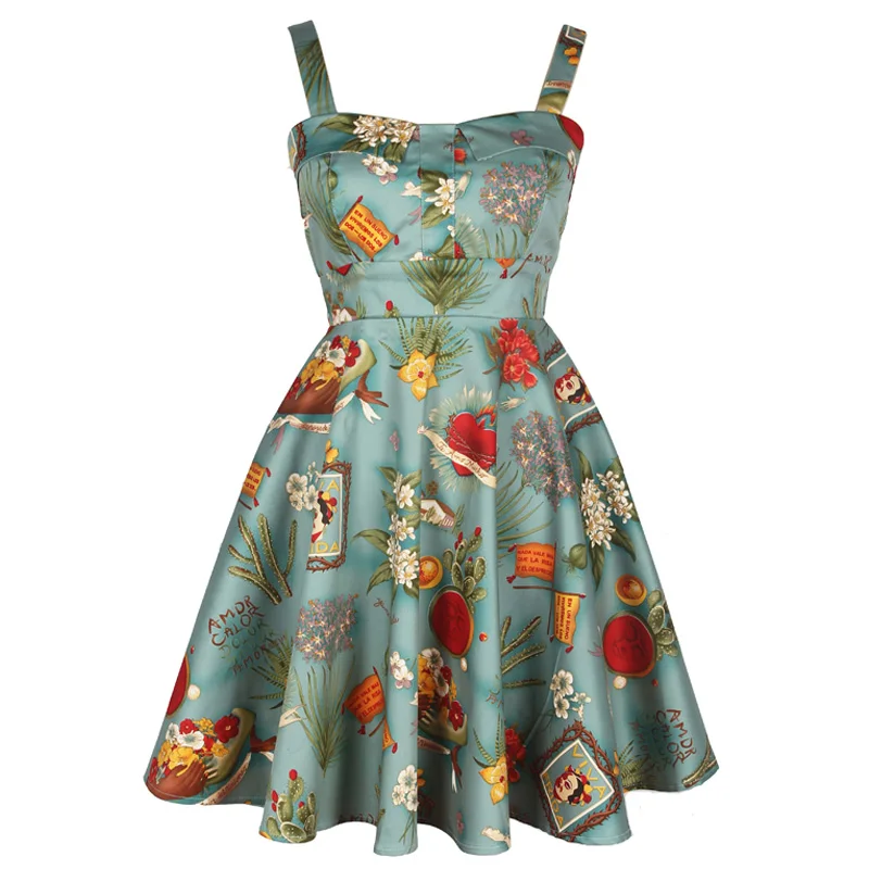 Summer 50s Vintage Designer Dress Retro Style High Quality Printed Puffy Beach Skirt Suspender Slim Dress