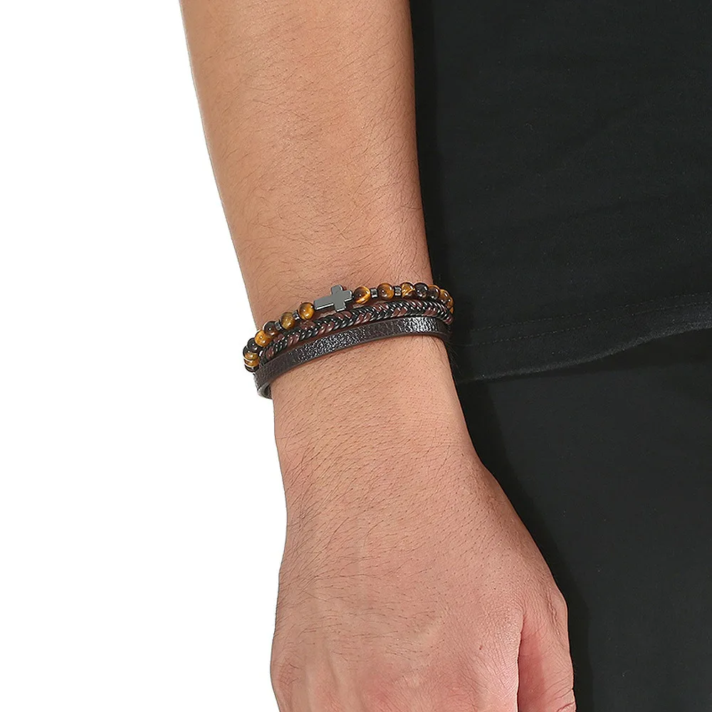 Cross Bracelet Christian Gift Tiger Eye Men Leather Cuff Bracelet Healing Crystal Anxiety Relief Stress Magnet Bracelets