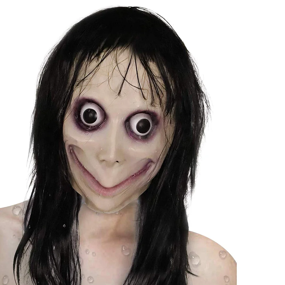 Страшная маска Момо, Хэллоуин из латекса, косплей-костюм для Хэллоуина, полноголовая маска Момо, большой глаз с длинными париками